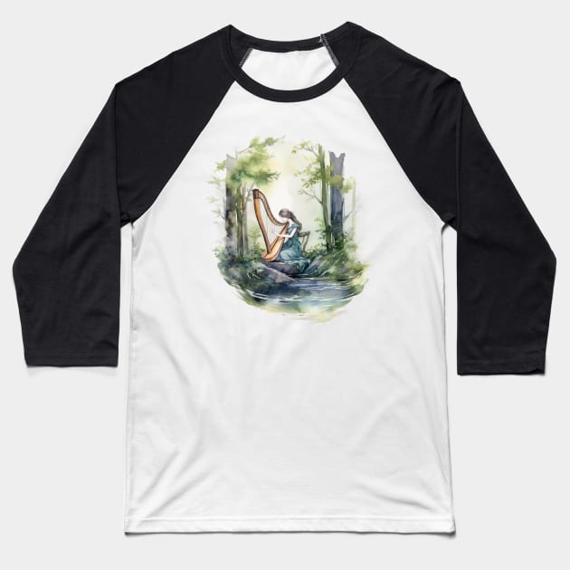 Fairy playing harp in the forest Baseball T-Shirt by Unicorn valley